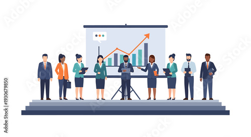 Diverse Business Team Presenting Growth Chart on Stage. Vector Illustrations. EPS Editable