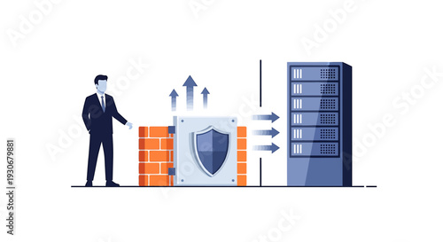 Business Man Overseeing Secure Data Transfer to Server. Vector Illustrations. EPS Editable