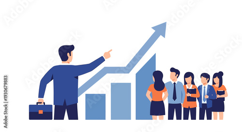 Business Leader Pointing to Growth Chart with Team. Vector Illustrations. EPS Editable