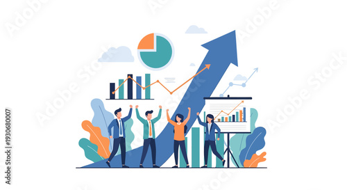 Business team celebrating success with growth chart and arrow. Vector Illustrations. EPS Editable