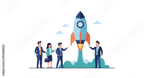 Business team launching rocket for startup success and growth. Vector Illustrations. EPS Editable