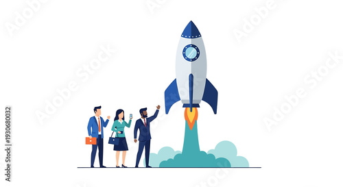 Business Team Launching Rocket Ship Symbolizing Startup Growth and Success. Vector Illustrations. EPS Editable