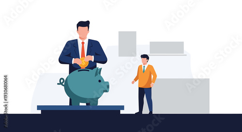 Businessman Saving Money in Piggy Bank with Colleague. Vector Illustrations. EPS Editable