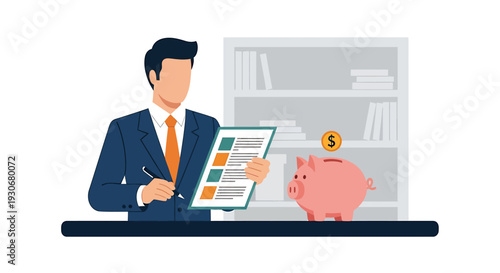Businessman reviewing financial document with piggy bank for savings and investment planning. Vector Illustrations. EPS Editable