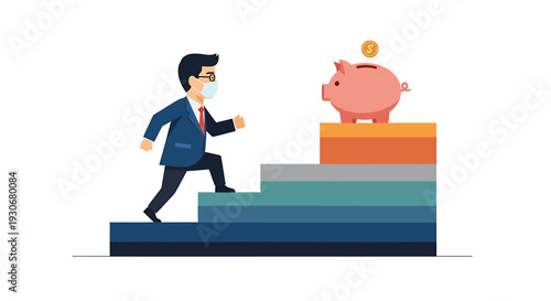 Businessman wearing mask climbing stairs towards piggy bank. Vector Illustrations. EPS Editable