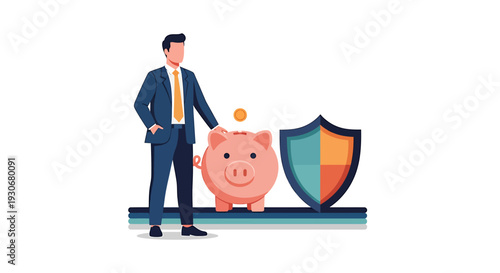 Businessman with Piggy Bank and Shield Illustrating Financial Security. Vector Illustrations. EPS Editable