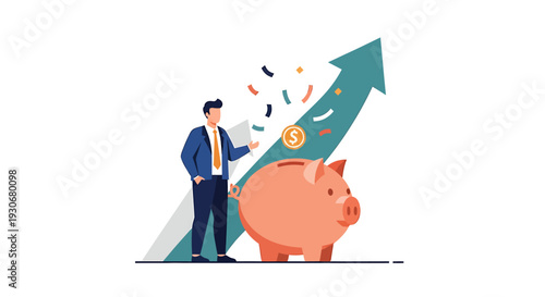 Businessman with Piggy Bank and Upward Arrow Symbolizing Financial Growth and Investment Success. Vector Illustrations. EPS Editable