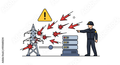 Cybersecurity Officer Defends Power Grid and Servers from Digital Attacks. Vector Illustrations. EPS Editable