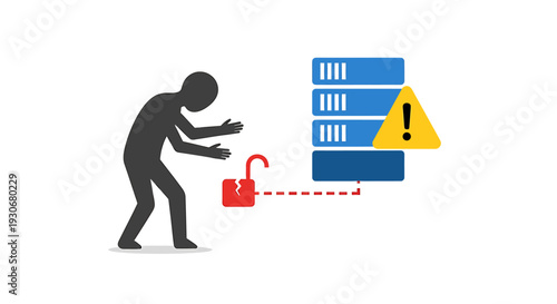 Cybersecurity threat broken lock and distressed person near servers. Vector Illustrations. EPS Editable