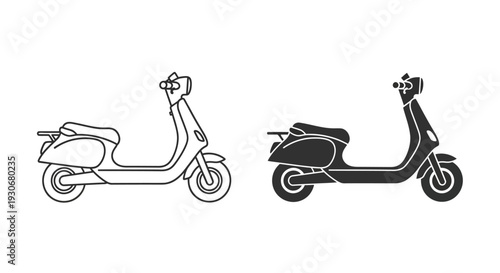 Two depictions of a scooter one white and one black silhouette