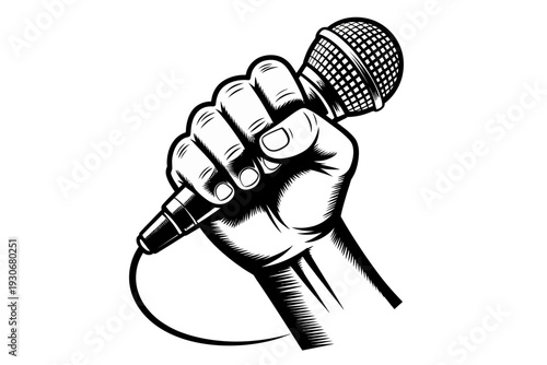 A clenched fist holding a microphone in a bold, black and white illustration