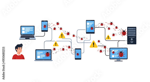 Cybersecurity threat spreading across a network of digital devices. Vector Illustrations. EPS Editable