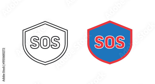Two shield icons displaying sos message outlined and colored silhouette