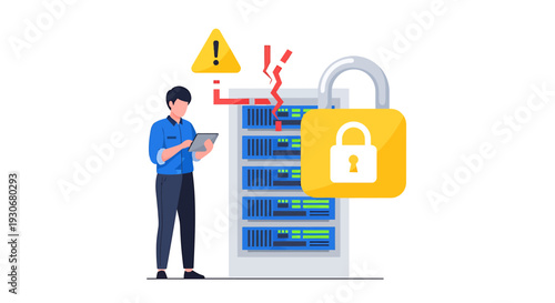 Data Security Breach and Protection with Server Rack and Padlock. Vector Illustrations. EPS Editable