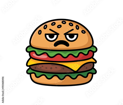 A cartoon angry hamburger with a frowning face and sesame seed bun on a white background