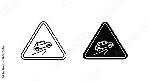 Warning sign depicting a vehicle sliding on ice black and white silhouette