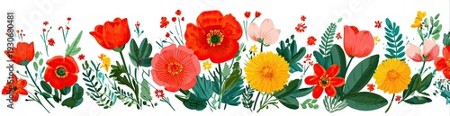 Colorful floral border with red, orange, pink and yellow blooms. Green foliage on white