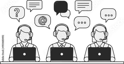 Three support agents wearing headsets and using laptops, with speech bubbles