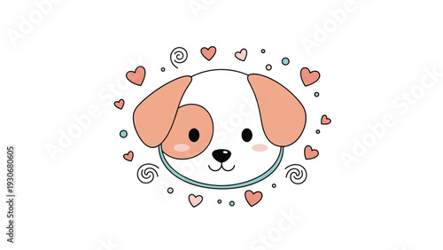 Adorable cartoon illustration of a cute puppy face with a patch on its eye surrounded by hearts and many spirals.