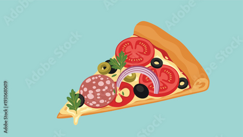 Mouth watering illustration of a pizza slice topped with fresh tomatoes, olives, onions, salami and tasty greens.