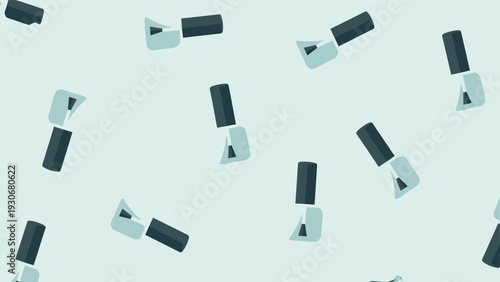 Trendy seamless pattern featuring various nail polish bottles and brushes in various shades of blue and gray.