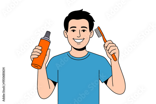 A smiling man holding a bottle of shampoo and a toothbrush in a modern vector illustration