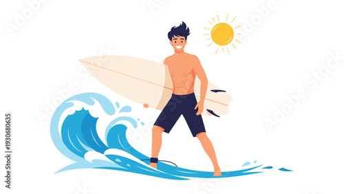 Action illustration of a happy male surfer riding a surfboard on a big blue ocean wave under a hot bright sun.