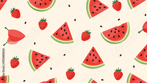 Delightful summer seamless pattern featuring juicy watermelon slices, whole strawberries and many black seeds.