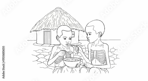Two emaciated children share a meal from a single bowl outside a thatched hut