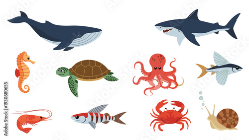 Collection of various sea creatures including a whale, shark, octopus, turtle, and seahorse for educational marine life themes.