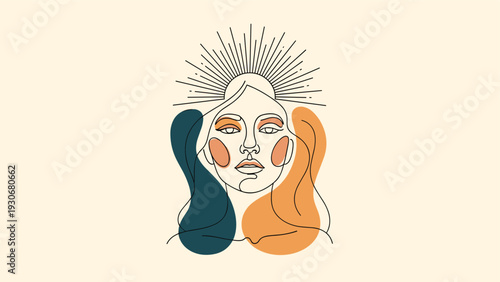 Abstract line art of a woman's face adorned with a celestial sun crown featuring warm earthy tones on a cream background.