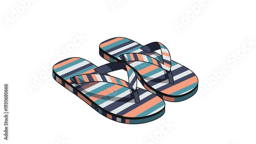 Pair of stylish striped flip flops for summer beach activities and casual wear isolated on a clean white background.