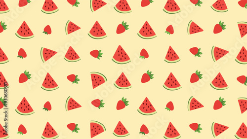 Vibrant summer pattern showcasing juicy watermelon slices and ripe strawberries on a warm pale yellow background.