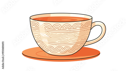 Decorative ceramic teacup filled with hot tea sitting on a matching saucer featuring intricate wavy line patterns.