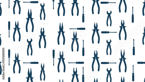 Industrial seamless pattern featuring dark blue silhouettes of various tools like pliers and screwdrivers on white.