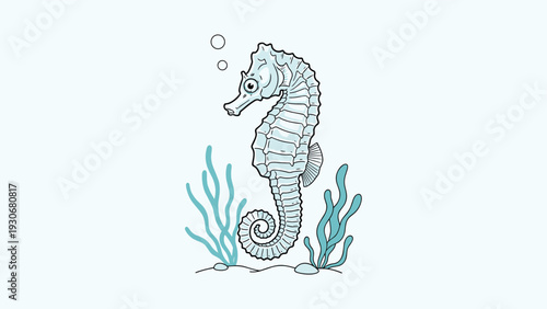 Whimsical line art illustration of a seahorse swimming near seaweed and bubbles in a light blue aquatic setting.