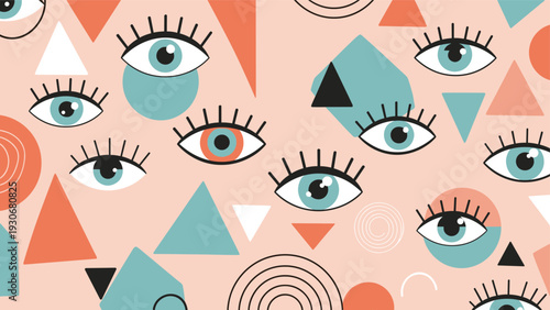 Artistic abstract pattern featuring blue eyes combined with various geometric shapes in peach and teal colors.