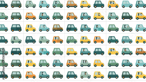 Seamless pattern of various small cars in different colors like blue, yellow, and green arranged in rows for transportation themes.