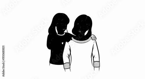 Two figures embracing, one with arm around other's shoulder, smiling