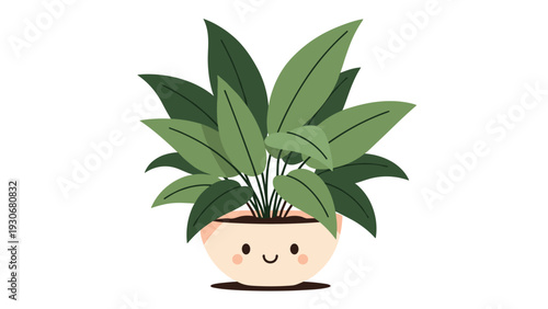 Adorable indoor plant with large green leaves sitting in a cute pot featuring a tiny smiling face and pink cheeks.