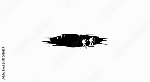 Two figures explore a dark crevasse with ice axes and backpacks