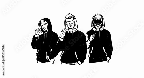 Three young men in hoodies and stylish eyewear depicted with black outline