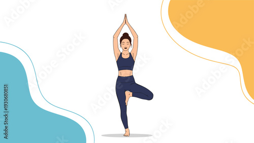 Illustration of a woman practicing yoga in a tree pose with her hands above her head against an abstract geometric background.