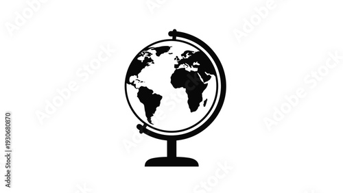 Black and white illustration of a world globe on a stand showing continents like Africa and Europe isolated on white.