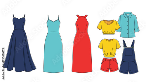 Collection of various fashion apparel items including summer dresses, tops, shorts, and overalls in different colors and styles.