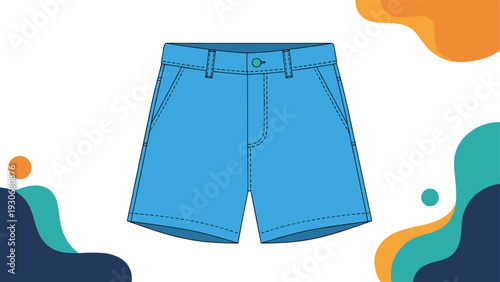 Flat illustration of blue casual shorts with pockets and a button closure centered on an abstract colorful geometric background.