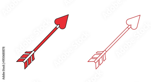 Two red heart pierced arrows one solid and one outlined silhouette