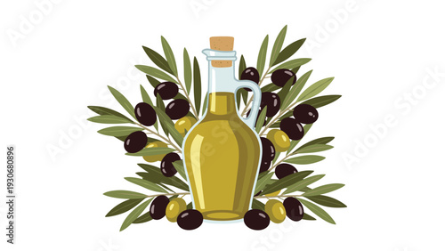 Illustration of a glass bottle of extra virgin olive oil surrounded by leafy olive branches with both green and black olives.