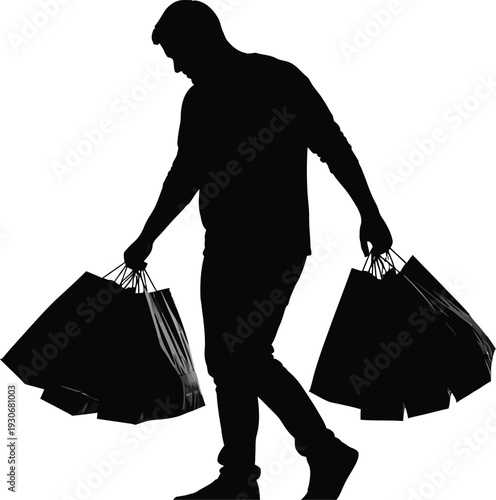 Silhouette of a shopper carrying multiple heavy paper bags in each hand suggests a successful retail buying spree.
