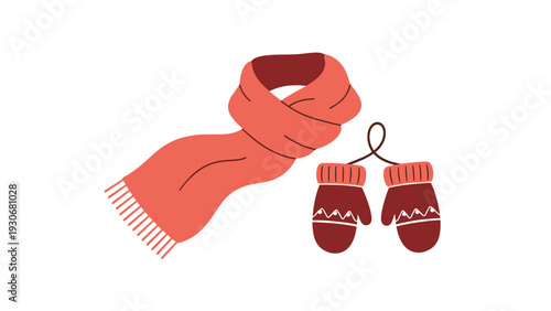 Warm winter accessories including a red knitted scarf and dark red patterned mittens isolated on a white background.
